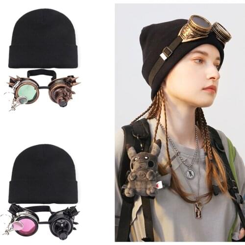 Punk style glasses Beanies Steampunk Goggles with Double Ocular Loupe Vintage Welding Knitted hat Wholesale