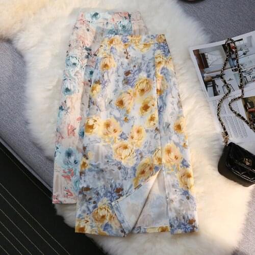 Split Long Floral Korean Fashion Style Autumn Summer Skirts For Vintage Kawaii WomenS 2021 Clothes High-Waisted Skirt Harajuku