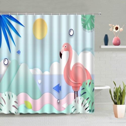 Cartoon Flamingo Shower Curtain Childrens Room Curtains Bathroom Decoration Bathing Screen Waterproof With Hooks Set Home Decor