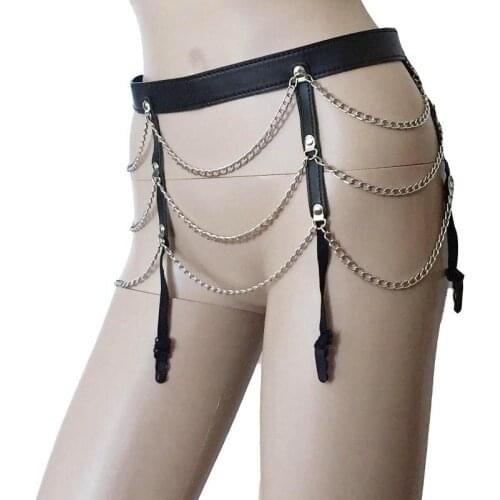 Womens PU Leather Metal Chain Open Butt Garter Belt Tassel Drape Metal Chains Bondage Fetish Costume Sex Products