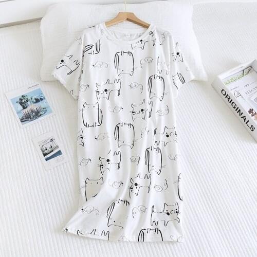 Women Knitted Cotton Nightgowns Summer Short-sleeved Sexy Night Dress Loose Sleepshirt Round Neck Print Sleep Tops Home Pijamas