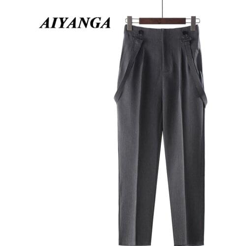 AIYANGA Women Autumn Strap Harem Pants 2018 Fashion Loose High Waist Pant Ladies Office Solid Black Gray Ankle Length Trousers