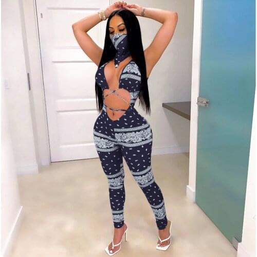 Womens Sleeveless One-Piece Pants European and American Sexy Printed Bandage Hollow Two-piece Set with Triangle Scarf