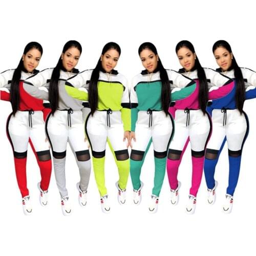 Echoine Womens Fashion Casual Two Piece Set Mesh Stitching Jogger Long Pants Suit Sports Fitness Autumn/Winter Female Clothes