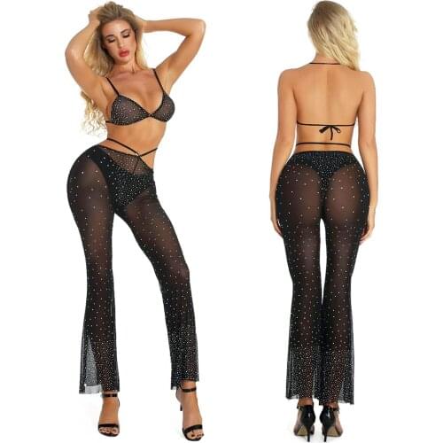 2020 Womens Sexy 2 Piece Rhinestone Fishnet Bra and Stockings Sets Mesh Backless Pole Danc Jumpsuits Clubwear