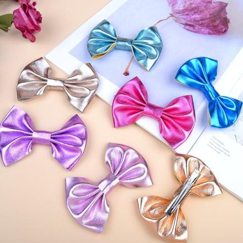 10 Colors 3.7Inches PU Gold Metallic Hair Clip For Girls Hair Bows Cute Children Hairpin Handmade Headwear Kids Hair Accessories