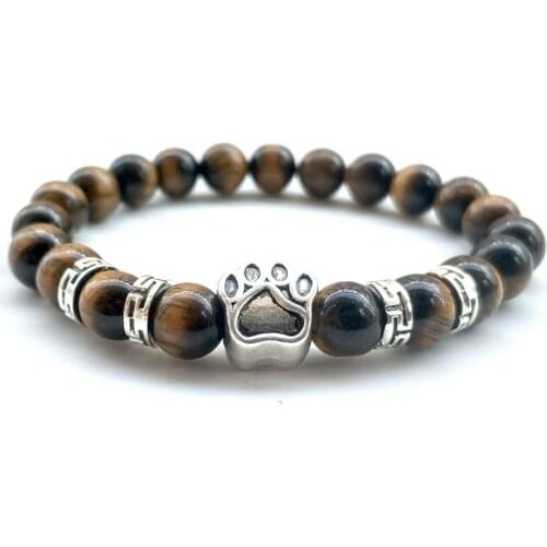 2 Colors 8mm Natural Stone Beads Bracelet Dog Paw Charms Strand Stretch Yoga Jewelry Togers Eye Blue Stone Bracelets