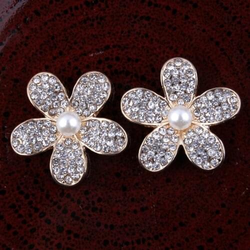 20pcs/lot 23MM 2Color Sparkly Rhinestone Button With Pearl For Garment Accessproes Shinny Flower Shape Alloy Button For Brooches