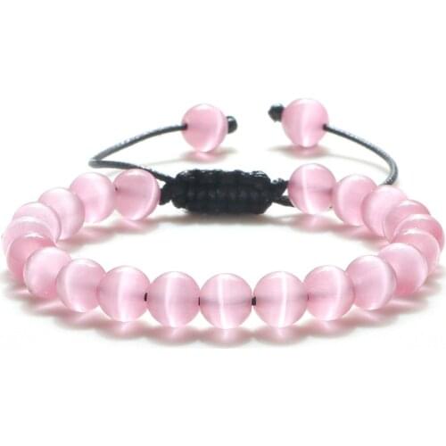 8mm Natural Cat Eye Stone Bracelet Smooth Pink White Beads Handmade Adjustable Bracelets&Bangle Charm Jewelry For Women Men Gift