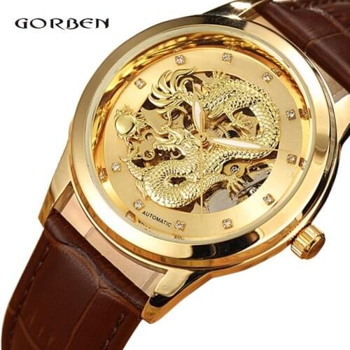 Luxury Dragon Skeleton Automatic Mechanical Watches For Men Wrist Watch Sports Gold Clock Leather Waterproof relogios masculino