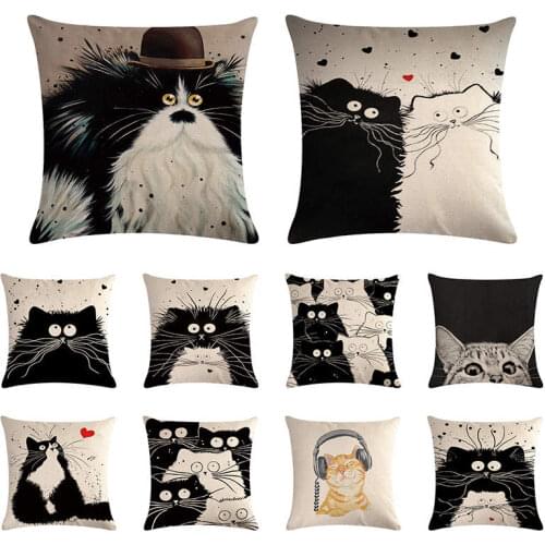 Cartoon cute cat cushion cover black and white orange throw pillow cover linen car chair sofa fashion home decoration 45x45cm