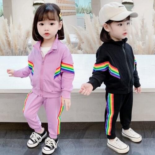 Children Clothing Girl Clothes Autumn Rainbow Color Fashion Sports Boutique Two Piece Set 0-7 Years Zipper Top Halloween Costume