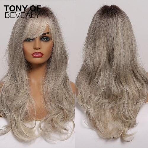 Long Wavy Brown to Gray Ombre Hair With Side Bangs Heat Resistant Natural Synthetic Wigs for Afro Women Cosplay Fashion Wigs