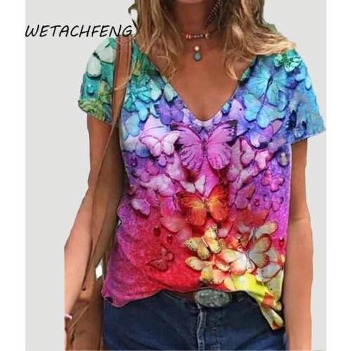 Hot Sale Womens T Shirts Butterfly Print Short Sleeve V Neck Loose Oversized Summer Tee shirt Blouses femme Top Female Clothing