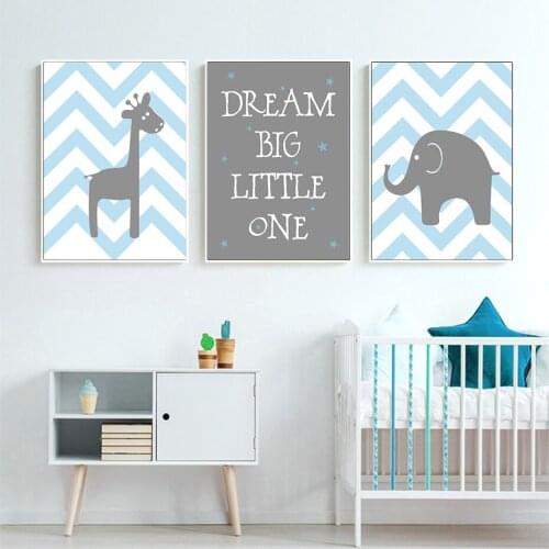 Blue Dream Big Little One Love Giraffe Elephant Nursery Canvas Painting Wall Art Prints Posters Pictures Kids Room Home Decor