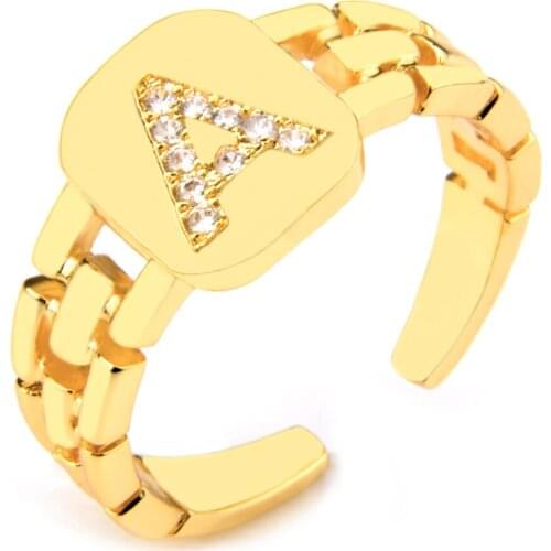 Gold Color 26 Initial Letter Ring Open Design Crystal Adjustable Watchband Chain Simple Elegant Gift For Women Men