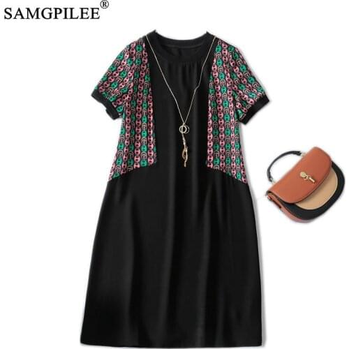 Summer Women Dress 2021 New Korean Style Casual A-line Patchwork Short Sleeve Knee-length Empire O-neck Dresses Plus Size 4XL