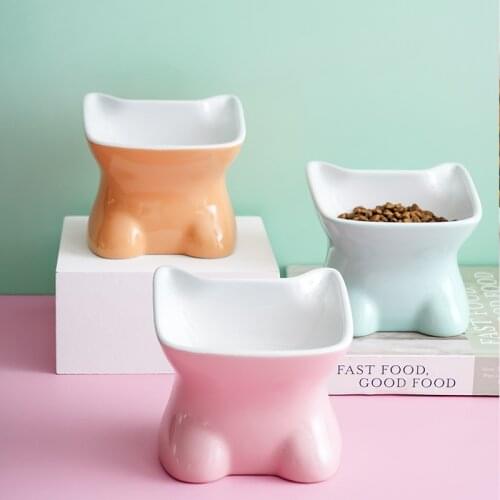 Small Q bowl ceramic high-foot oblique mouth cat bowl pet bowl cute high-foot bowl cat and dog food bowl cervical spine cat food