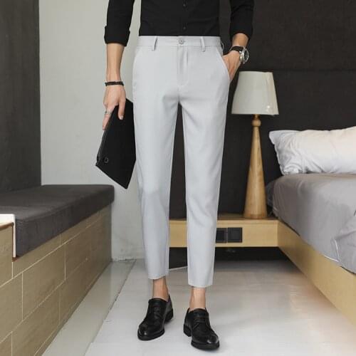 Men Clothing Slim-fit Casual Pants Ankle Length Solid Color Spring Summer Office Company Social Male Suits Nine Points Pants