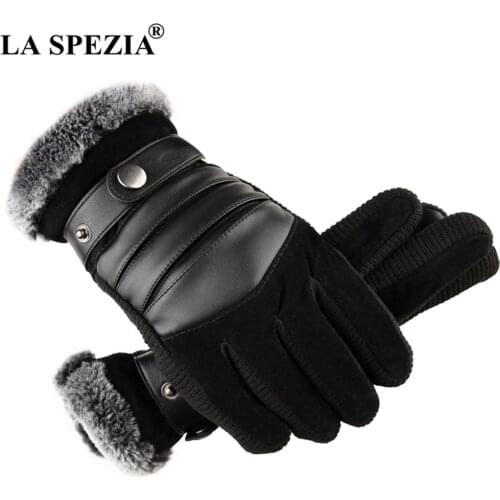 LA SPEZIA Winter Gloves Men Real Pigskin Leather Gloves Black Warm Russia Warm Thick Driving Brand Touch Screen Gloves Luvas