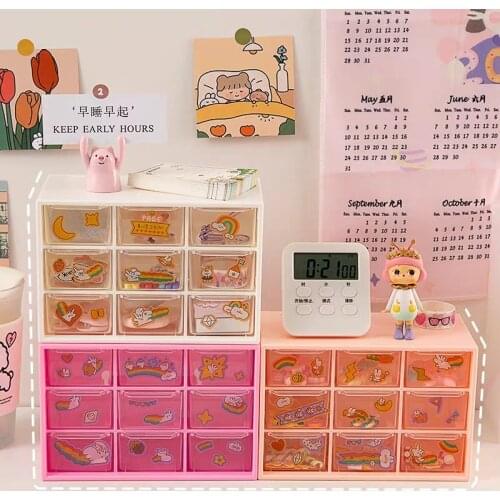 Girl 9 Grid Cosmetic Desk Organizer Box Free Stickers Desktop Jewelry Make-up Storage Case Office Accessories Stationery