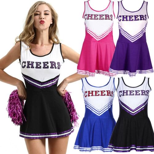 NEW Ladies Cheerleader Costume School Girl Outfits Fancy Dress Cheer Leader Uniform Purple/Black/Rose/Blue