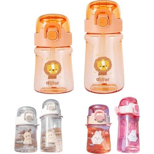 DILLER400ml/550ml plastic water bottle cup transparent cartoon printing spring switch water bottle with straw for outdoor sports