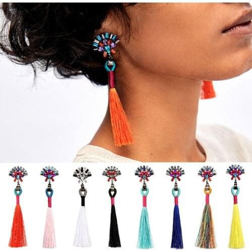 Multicolored Rhinestone Flower Top Ladies Tassel Earrings Boho Long Thread Retro Handcraft za Drop Earrings for Women 3I3008