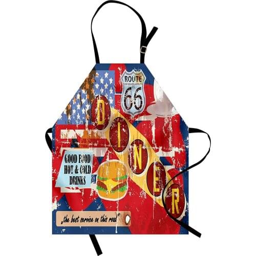 Route 66 Apron Grungy Diner Advertisement with American Flag Stars Good Food Drinks Typography Unisex Kitchen Accessories