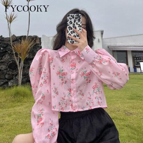 Sweet Girl Floral Pink Shirts Women Spring Autumn New Bubble Long Sleeve Blouses Woman Button Up Cropped Tops