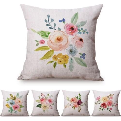 Nordic Watercolor Flower Art Small Fresh Home Decoration Sofa Throw Pillow Case Colorful Rose Cotton Linen Room Cushion Cover