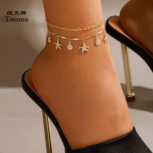 Tocona 2pcs/sets Charms Flowers Tassel Anklet for Women Summer Starfish Gold Alloy Metal Barefoot Sandals Feet Jewelry 18276