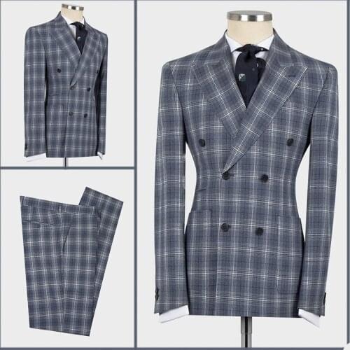 Smart Casual Check Men Tuxedos Double Breasted Peaked Laple Plaid Pants Suits Business Office Party Prom Jacket Blazer 2 Pieces
