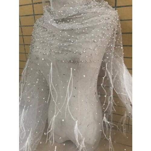 Unique african feather net lace fabric J-98883 with beads french tulle lace fabric for bridal dress