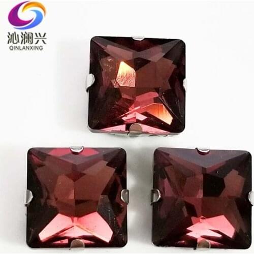 Wine red top quality Glass Crystal sew on stones,square shape claw rhinestone with holes,Diy/Clothing accessorie SWZ417
