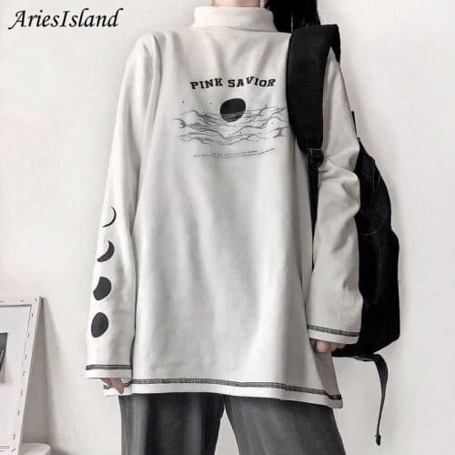 Top women Moon Printing Punk Long sleeve T-shirt Loose Gothic Stand-up collar Womens t-shirt Casual New Autumn Female clothing