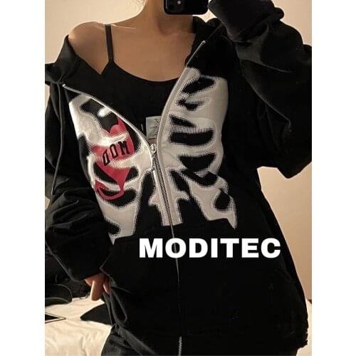 Zip-up Y2K Harajuku Loose Skull Print Goth Hoodies Women Grunge Hooded Jacket Solid Color Retro Clothes Skull Sweatshirt Women