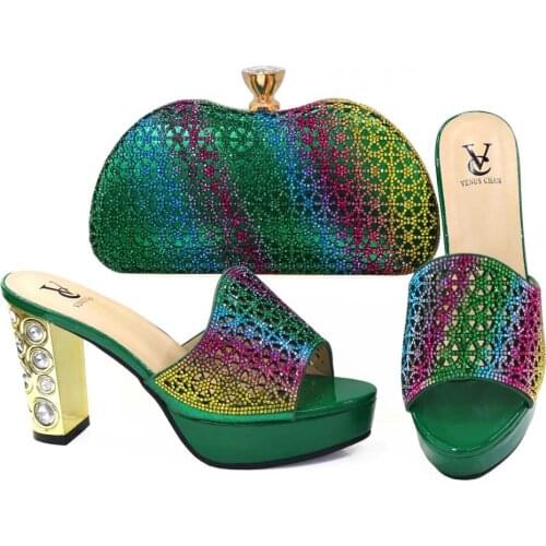 2021 Green Color INS Hot Selling Italian Ladies Shoes and Bag to Match Classics Style Nigerian Women Sandals with Crystal