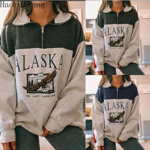 Womens Stand Collar Half Zipper Alaska Letter Print Long Sleeve Sweatshirts Casual Loose Sweatshirt