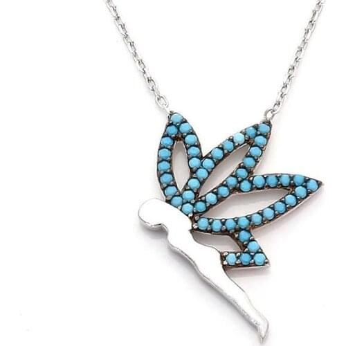 925 Sterling Silver Women Necklace with Butterfly Wing and Blue Nano Zircon Stone