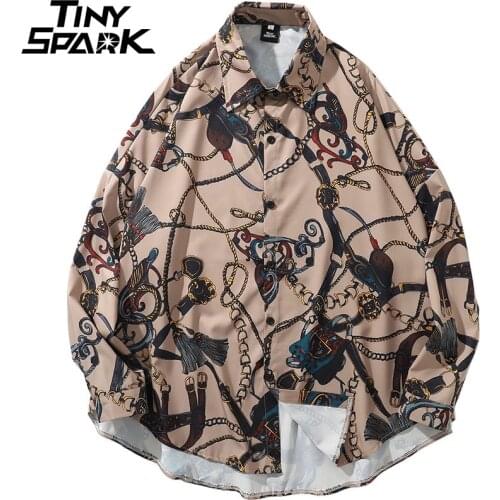 2021 Hip Hop Shirt Streetwear Oversized Men Harajuku Retro Vintage Print Hawaiian Shirts Long Sleeve Autumn Tops Shirts Loose