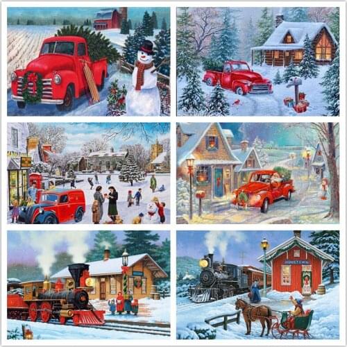 Christmas Winter Snow Scene Car Diamond Embroidery 5D DIY Full Cross StitchDiamond Painting Landscape Craft Kit Home Decor Gift