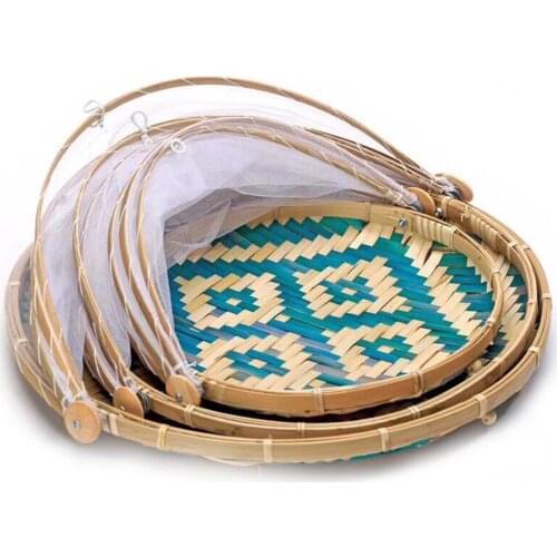 Bamboo Woven Basket Tray Fruit Vegetable Bread Storage Basket Hand-Woven Food Serving Tent Basket Outdoor Picnic Mesh Net Cover