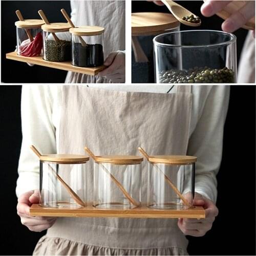 Spice Jar with Lid and Spoon Can Be Used for Sugar, Coffee, Glass Spice Jar Set, Bamboo and Wood Lid, Kitchen Storage Container