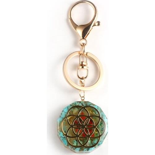 Natural Stone Crystal Turquoises Chips Gravel Orgone Flower Pendant Keychains Orgonite Lucky Spiritual Energy Key Rings Jewelry
