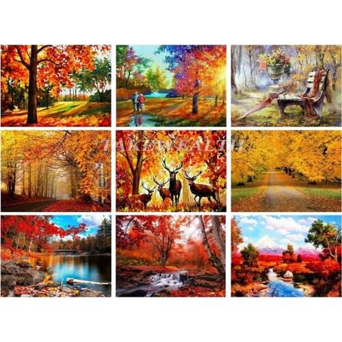 Diamond Mosaic Landscape Full Diamond Square Maple Leaf Living Room Decoration 5D DIY Diamond Painting Autumn River TT923