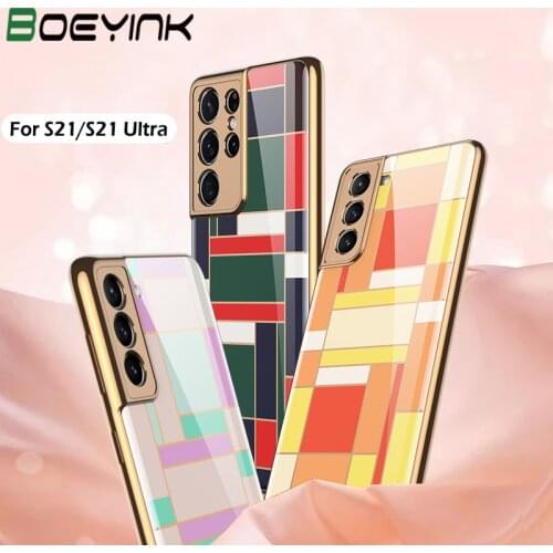 Tempered Glass Case For Samsung Galaxy S21 Ultra Plus 5G Luxury Plating Pattern Hard Cover For Samsung Galaxy S21 Plus Ultra 5G