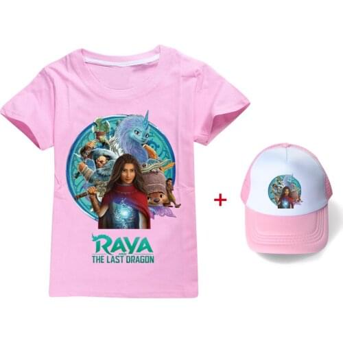 Kids Girls T-shirt Raya and The Last Dragon Cartoon Tops Cotton Tees Summer Clothes Short Sleeve Tops Children Outfits with Cap