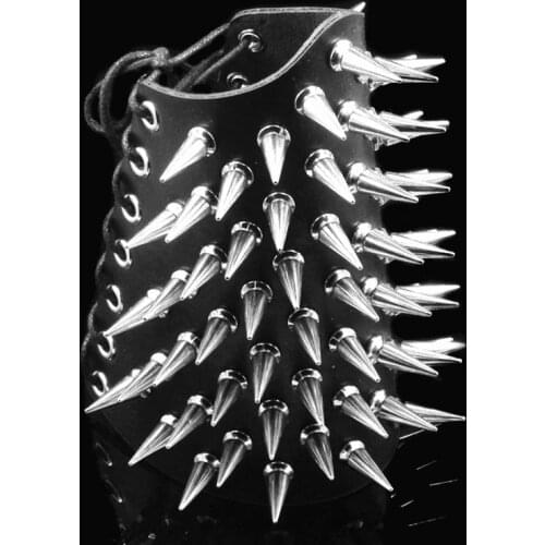 Punk rock long rivet leather gauntlet wide bracers men women arm Armor Wristband Protector cosplay Bangle Buckle