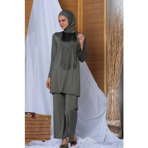 Womens Long Sleeve Fringed Flare Hijab Swimwear 20133 Khaki